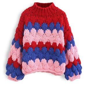 Chicwish COLOR BLOCKED HIGH NECK HAND-KNIT CHUNKY SWEATER IN RED